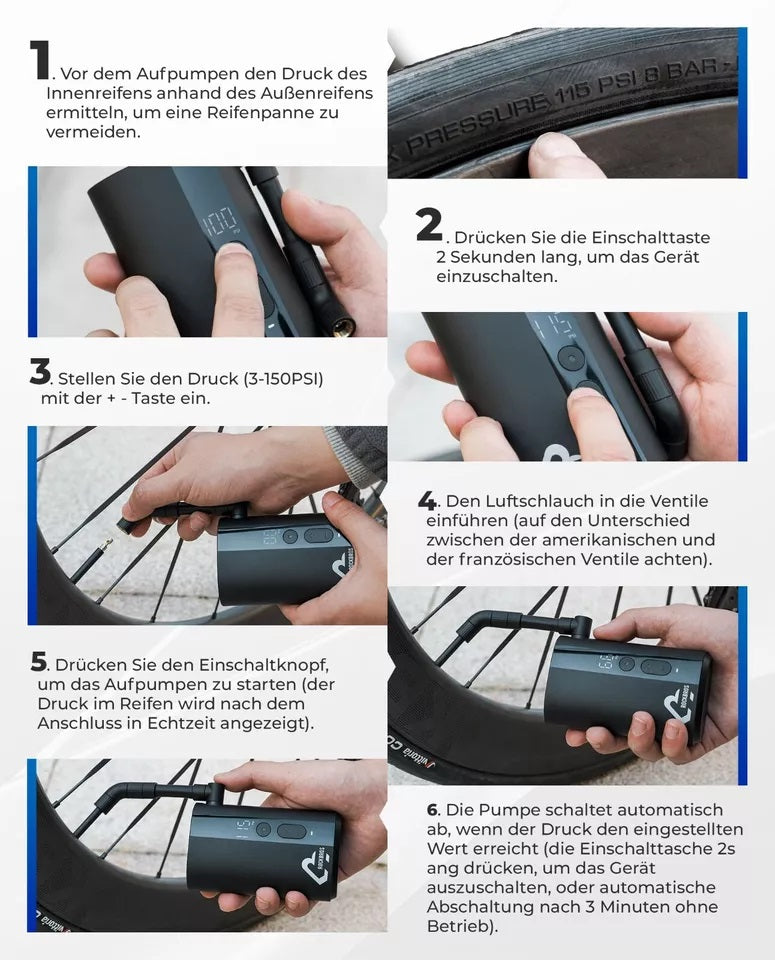 ROCKBROS Cykelpump Bärbar Pump Elektrisk luftpump 5000mAh 150PSI 380g