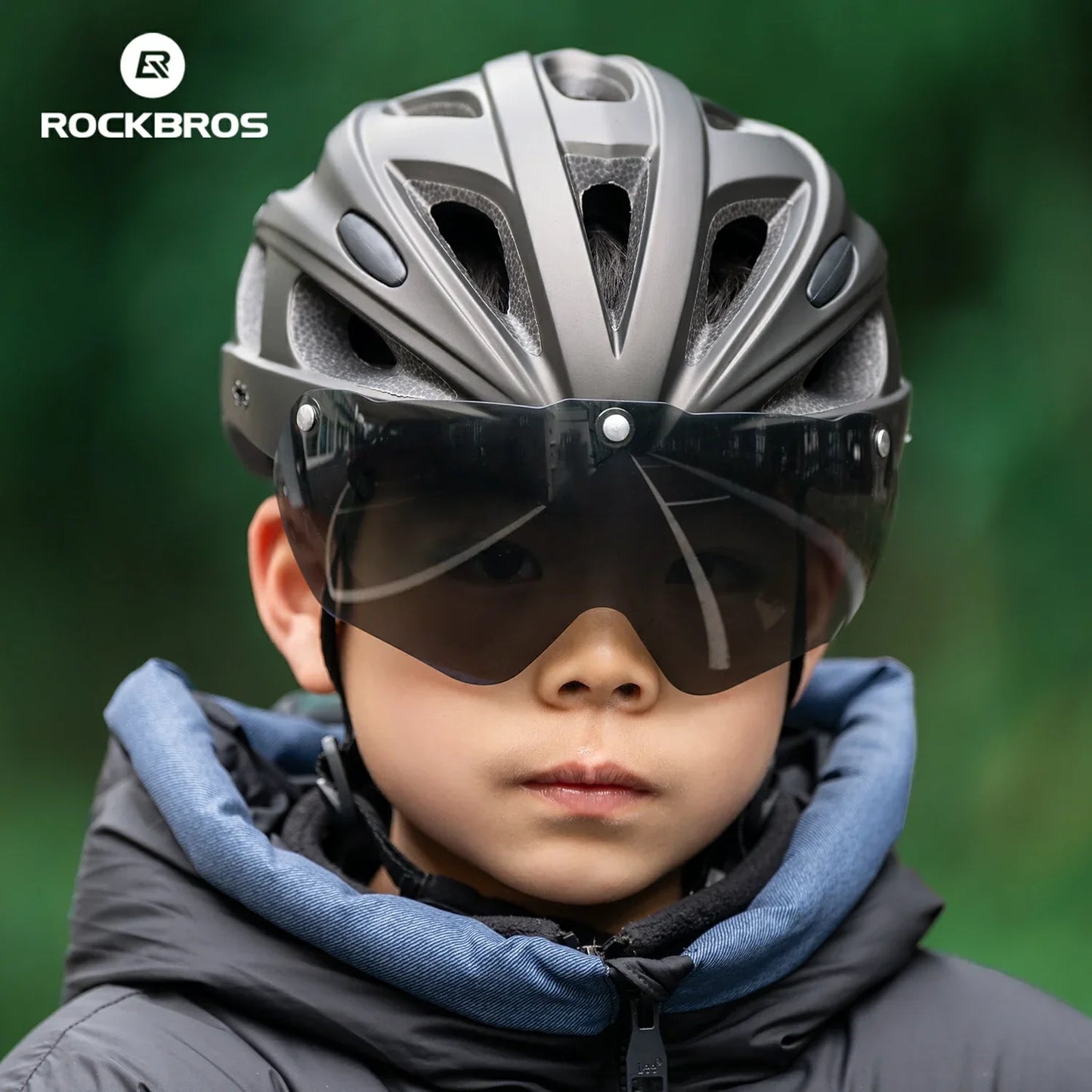 Barncykelhjälm med integrerade, avtagbara magnetiska skyddsglasögon och visir ROCKBROS