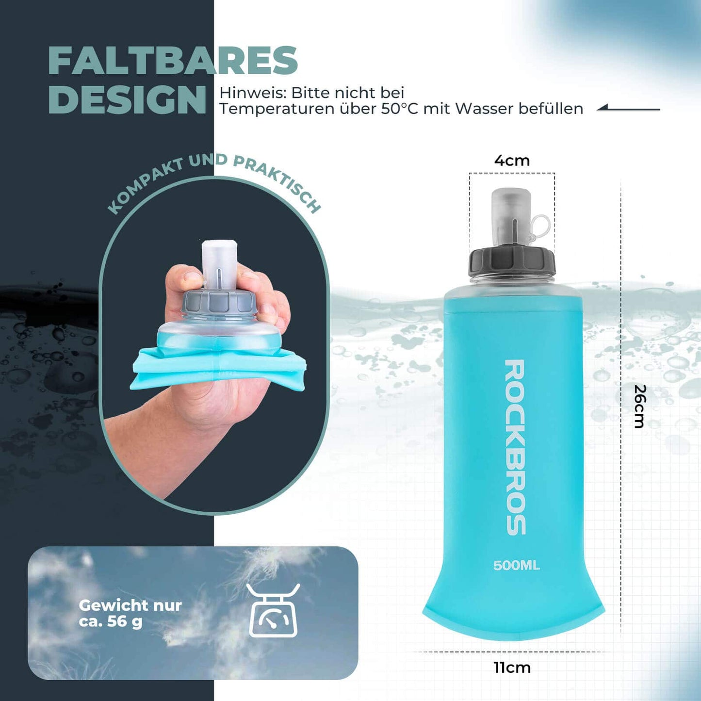 Hopfällbar vattenflaska 500ml för löpning, vandring, cykling ROCKBROS