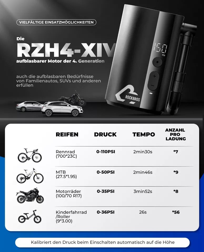 ROCKBROS Cykelpump Bärbar Pump Elektrisk luftpump 5000mAh 150PSI 380g