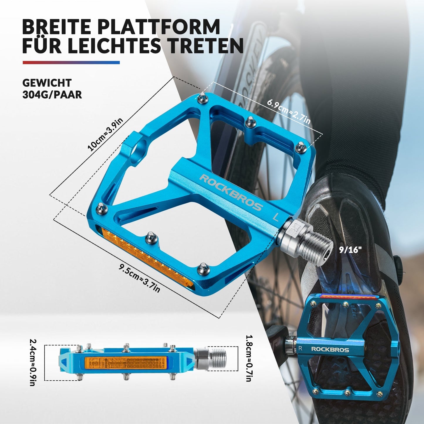 Cykelpedaler med reflexer, tillverkade av aluminiumlegering, 9/16 tum, ROCKBROS