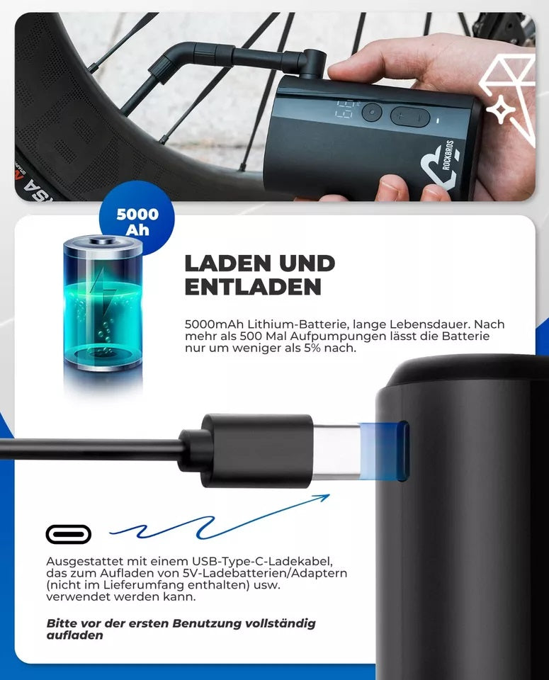 ROCKBROS Cykelpump Bärbar Pump Elektrisk luftpump 5000mAh 150PSI 380g