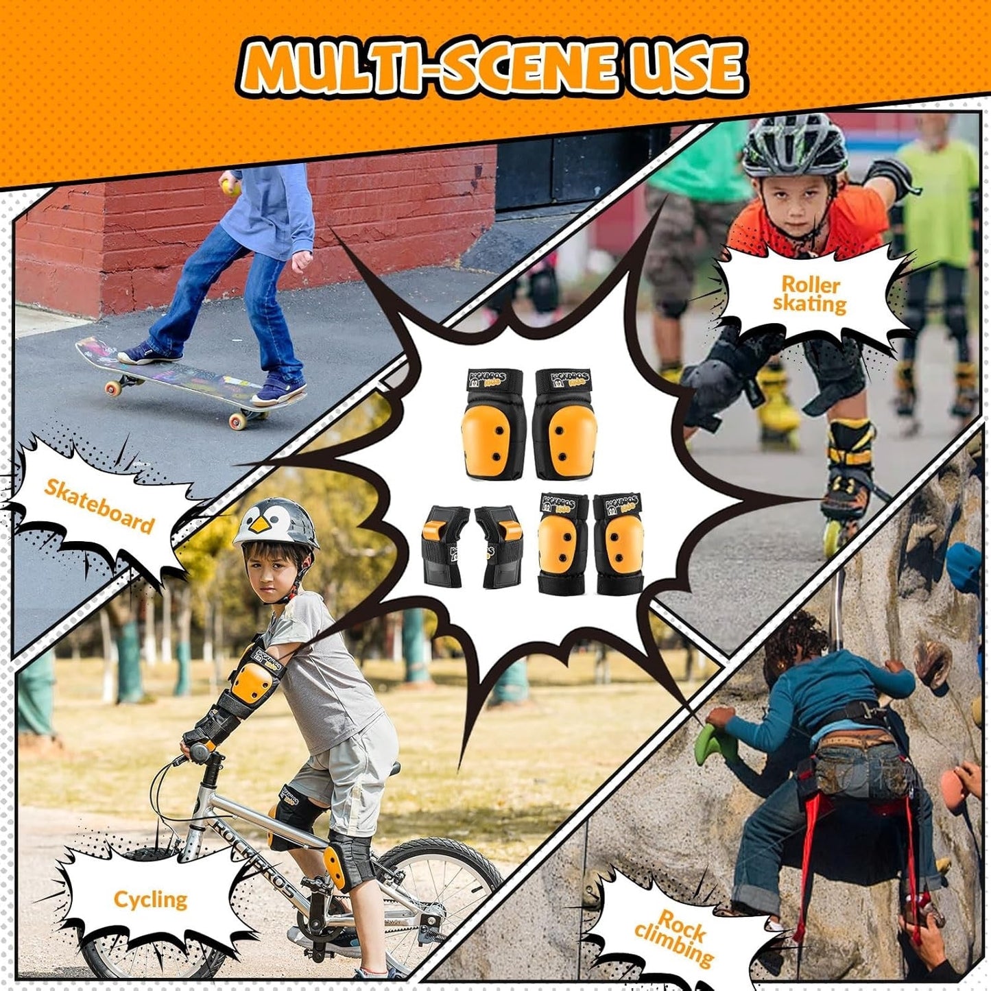 ROCKBROS knäskydd för barn 6 i 1 set skateskydd inline knäskydd handledsskydd och armbågsskydd cykel skateboard sport för flickor och pojkar