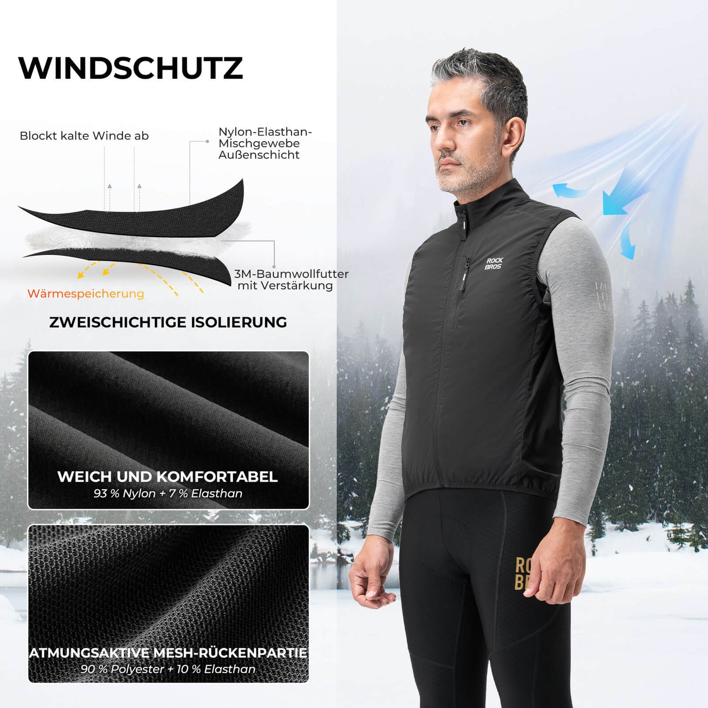 Ärmlös cykelväst, cykeljacka, packbar, andningsbar, ROCKBROS