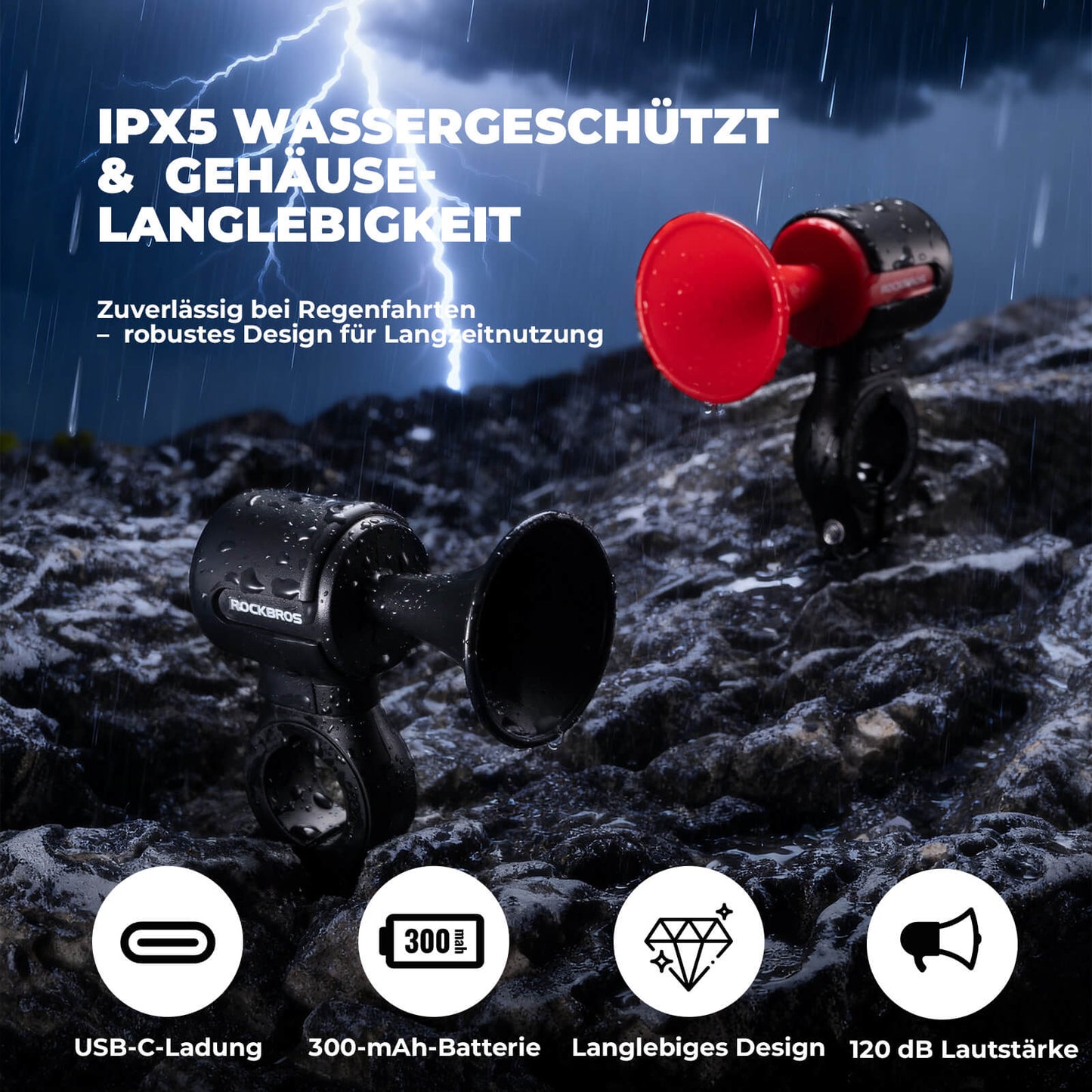 Elcykelklocka, 120dB ton, IPX5 vattentålig, smartphone-spårning, ROCKBROS