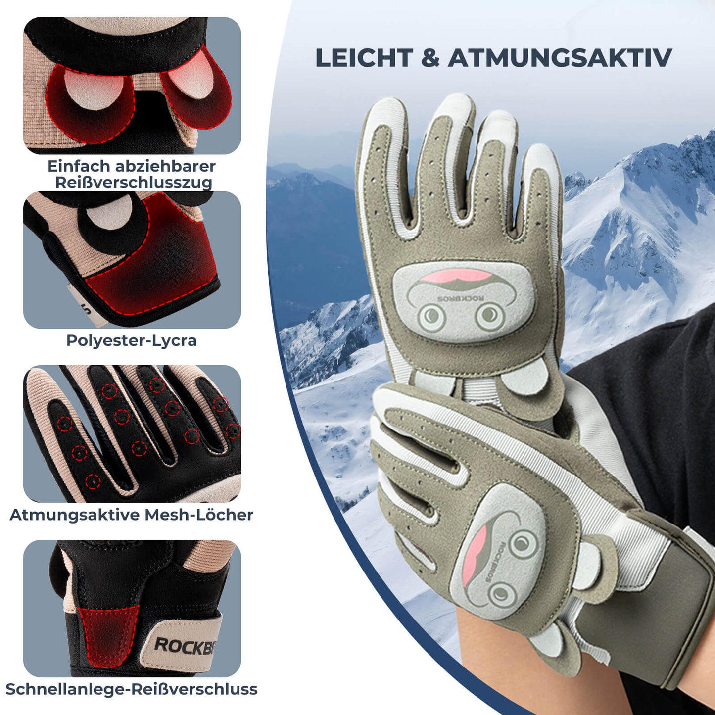 Cykelhandskar för barn, andningsbara och halkfria med SBR-skydd, ROCKBROS
