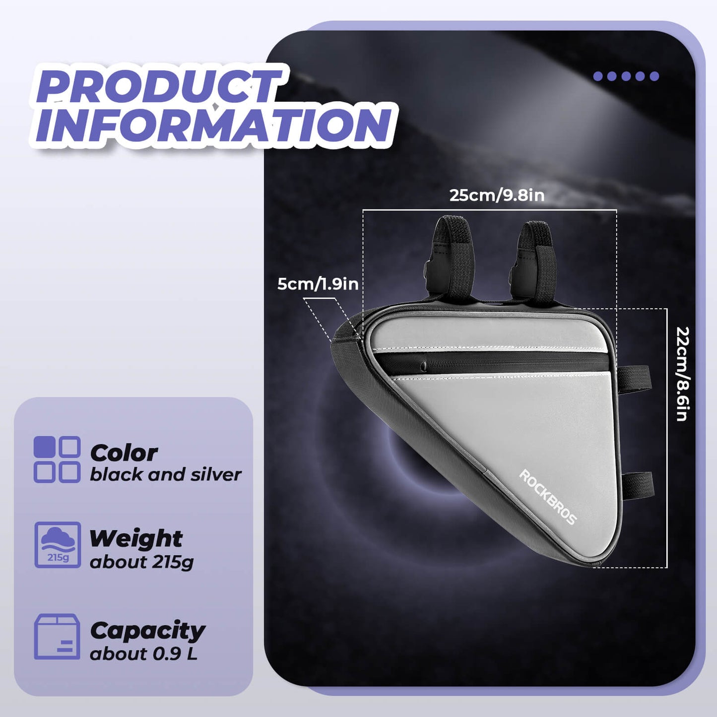 Cykelväska, reflekterande ramväska, triangulär väska, 0,9L, ROCKBROS