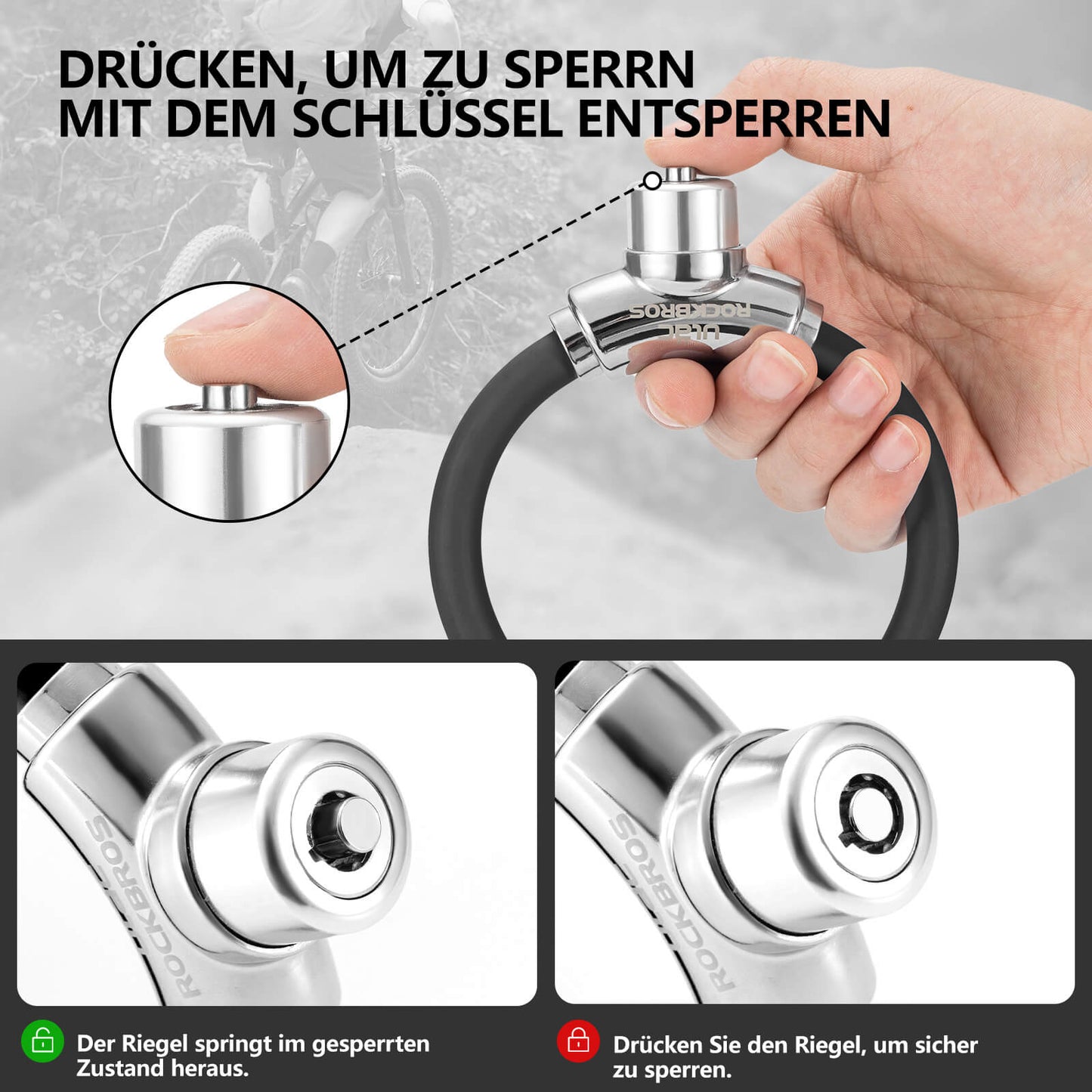 Cykellås med kabellås och kardborreband, ingen nyckel krävs, ROCKBROS