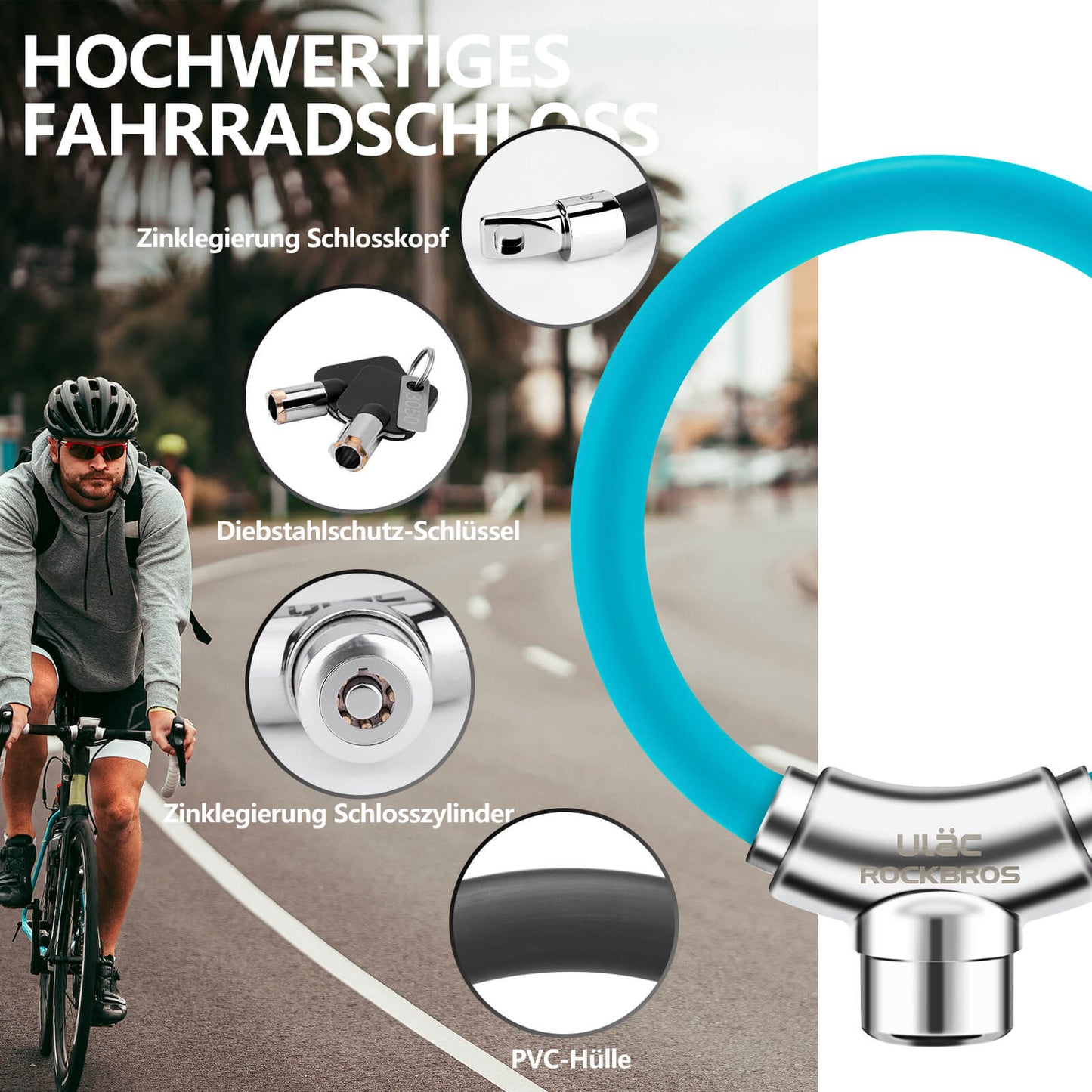 Cykellås med kabellås och kardborreband, ingen nyckel krävs, ROCKBROS
