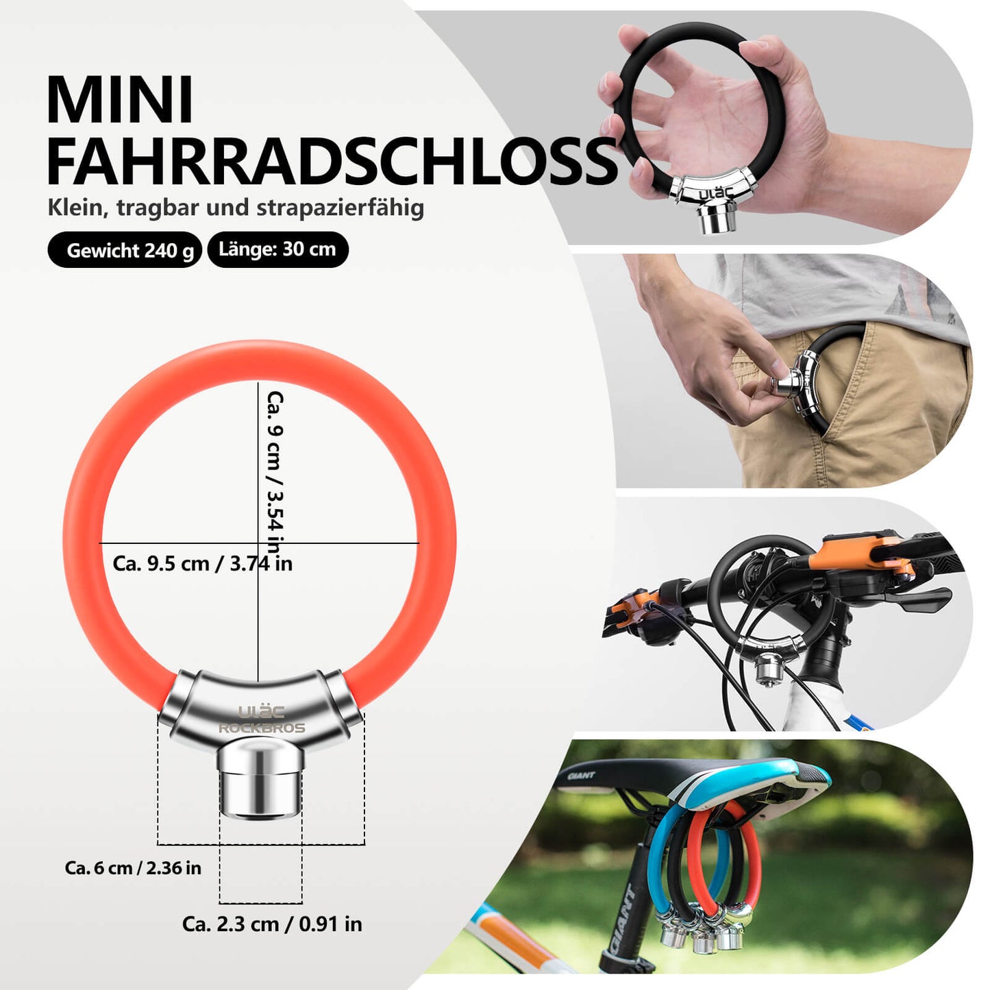 Cykellås med kabellås och kardborreband, ingen nyckel krävs, ROCKBROS