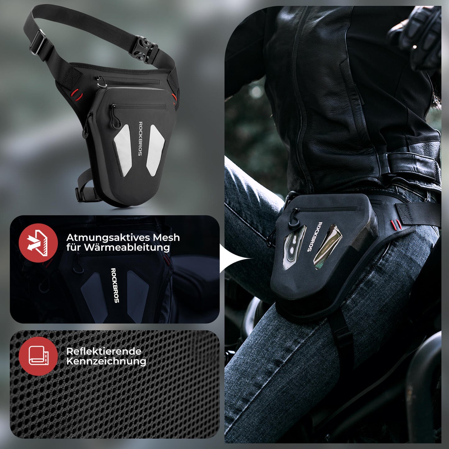 Motorcykelbenväska, benficka, höftväska med axelremmar, ROCKBROS