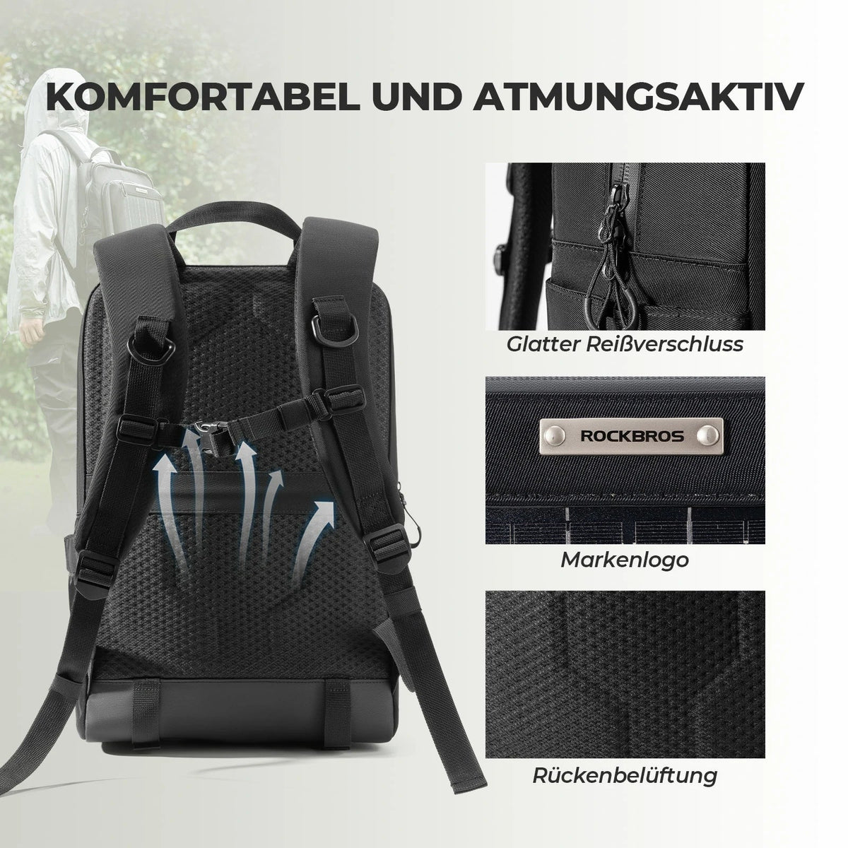ROCKBROS Solarryggsäck Solar Ryggsäck 20L med Flexibelt Avtagbart 10V 14W