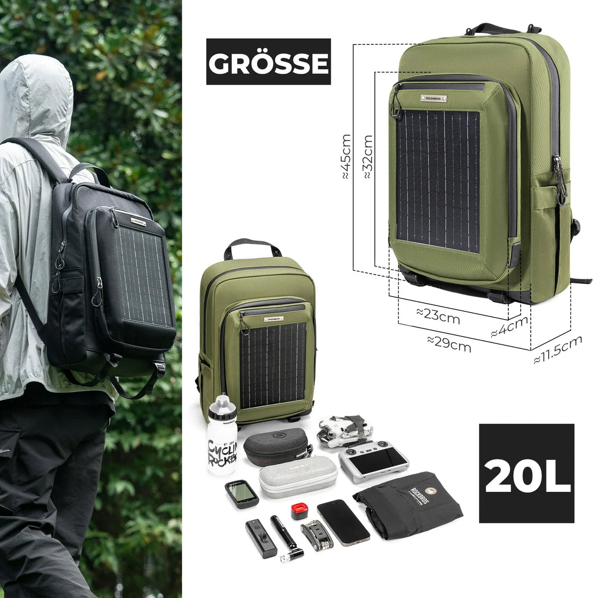 ROCKBROS Solarryggsäck Solar Ryggsäck 20L med Flexibelt Avtagbart 10V 14W