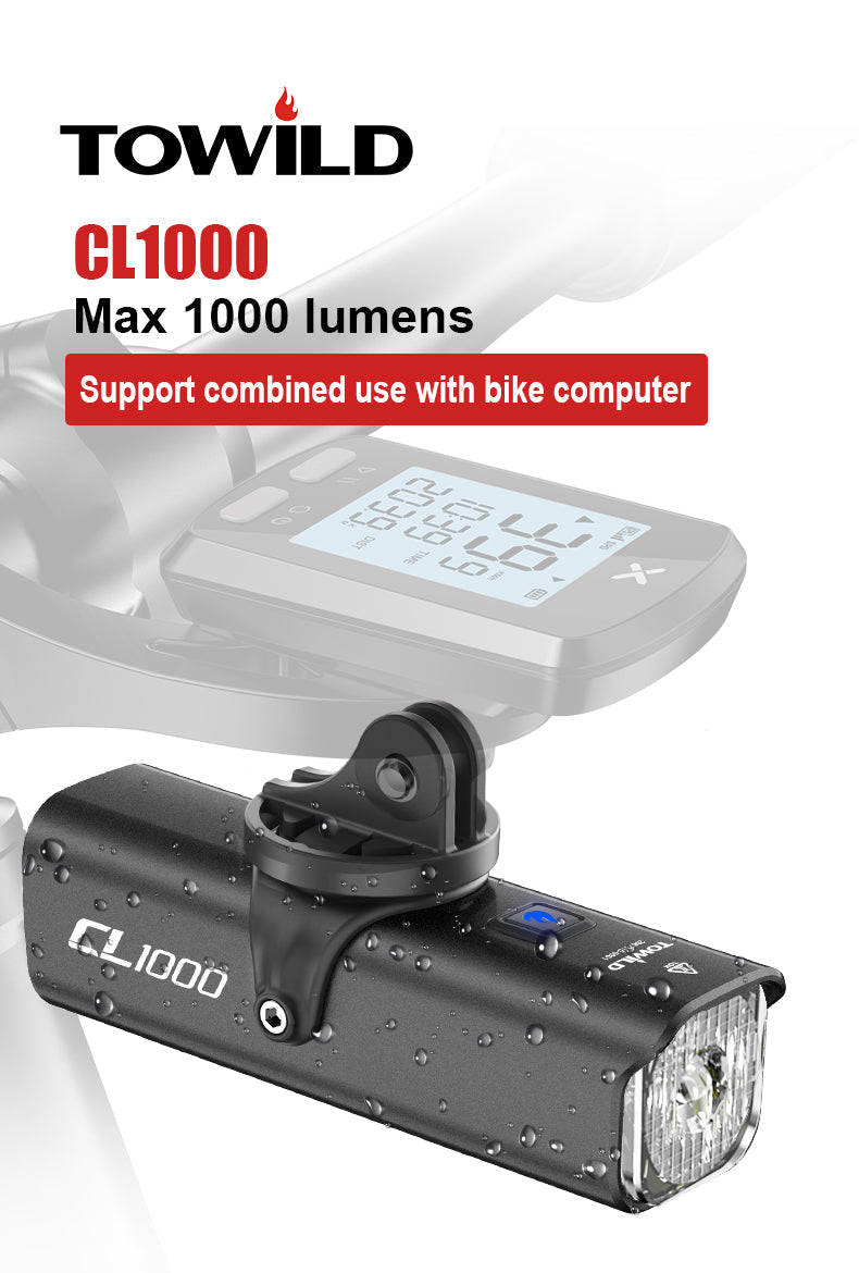TOWILD CL1000 cykellampa för nattkörning Kompatibel med Garmin/GoPro Mount 1000 Lumen Ljusstark cykelstrålkastare 4000mAh batteri Vattentät cykellampa för pendlare