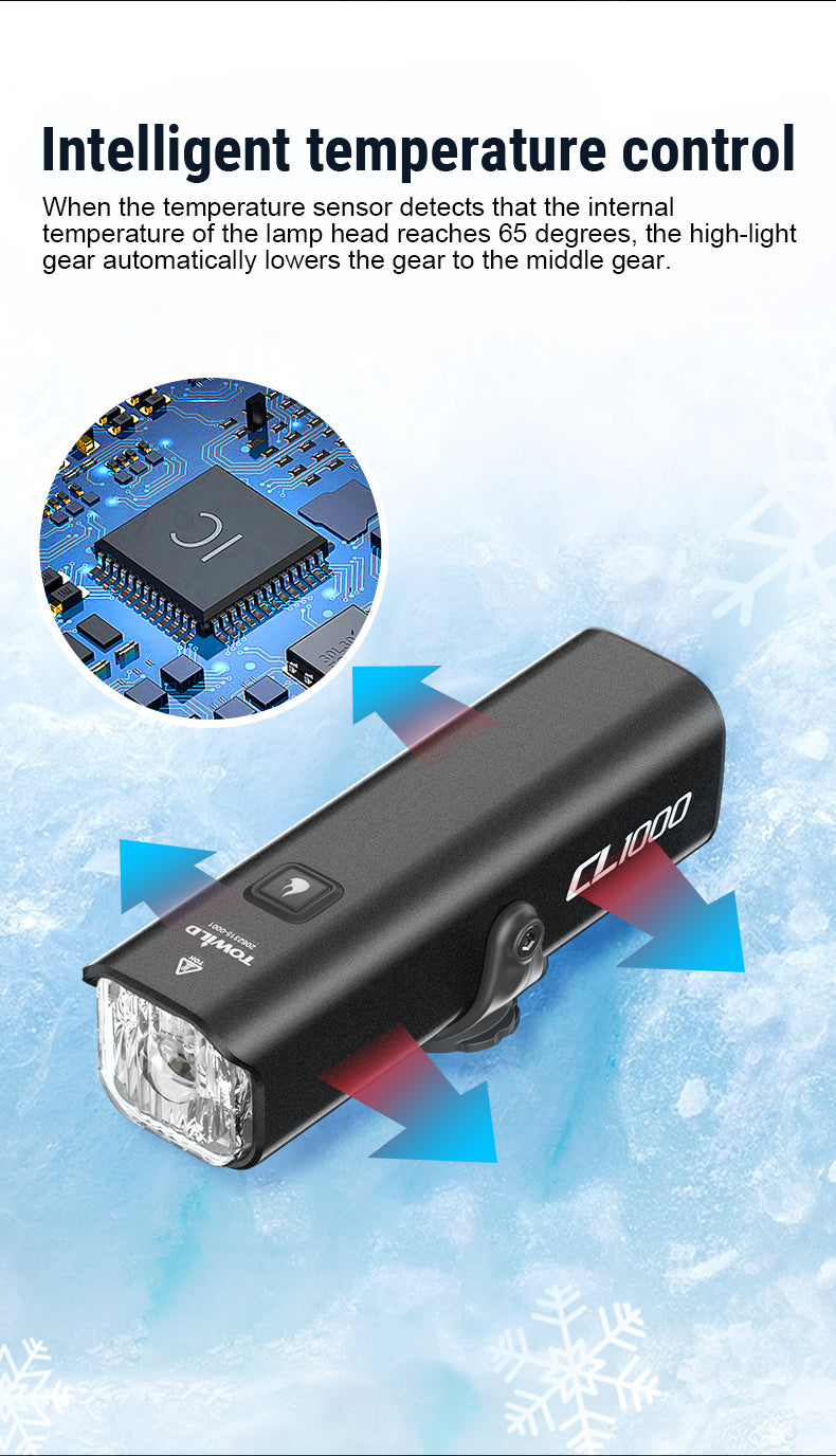 TOWILD CL1000 cykellampa för nattkörning Kompatibel med Garmin/GoPro Mount 1000 Lumen Ljusstark cykelstrålkastare 4000mAh batteri Vattentät cykellampa för pendlare