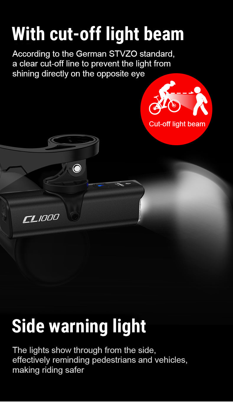 TOWILD CL1000 cykellampa för nattkörning Kompatibel med Garmin/GoPro Mount 1000 Lumen Ljusstark cykelstrålkastare 4000mAh batteri Vattentät cykellampa för pendlare