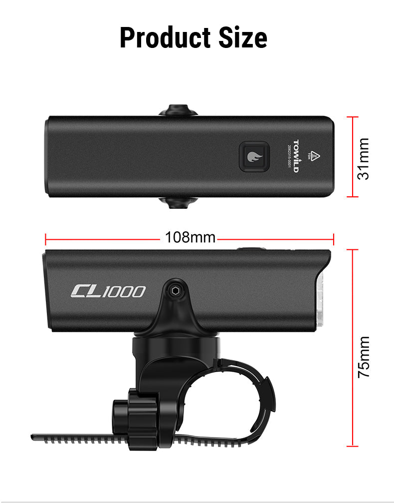 TOWILD CL1000 cykellampa för nattkörning Kompatibel med Garmin/GoPro Mount 1000 Lumen Ljusstark cykelstrålkastare 4000mAh batteri Vattentät cykellampa för pendlare