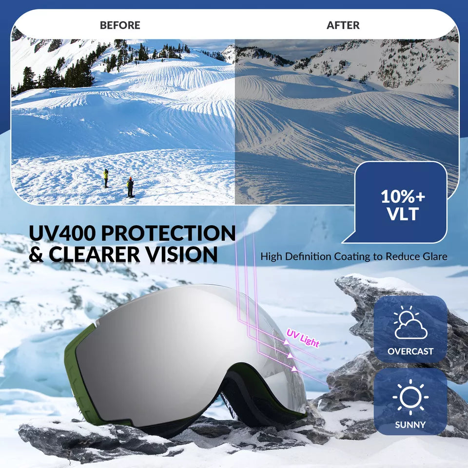 Qunature skidglasögon, snowboardglasögon, anti-fog UV400 dam/män för glasögonbärare