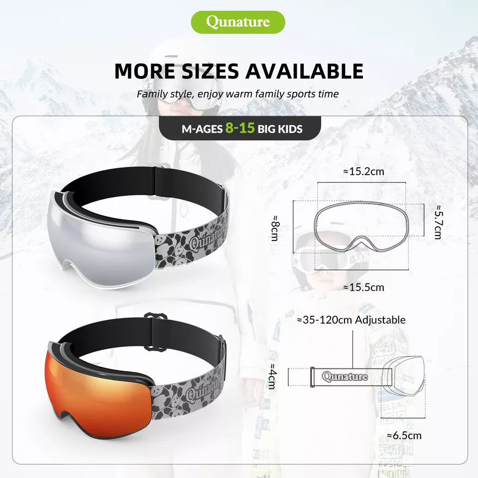 Qunature skidglasögon, snowboardglasögon för barn och vuxna som bär glasögon, anti-fog