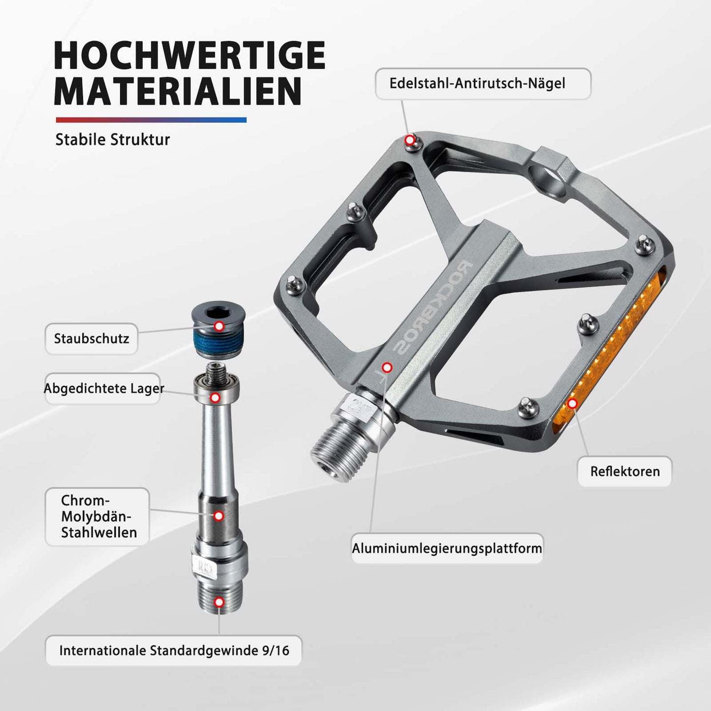 Cykelpedaler med reflexer, tillverkade av aluminiumlegering, 9/16 tum, ROCKBROS