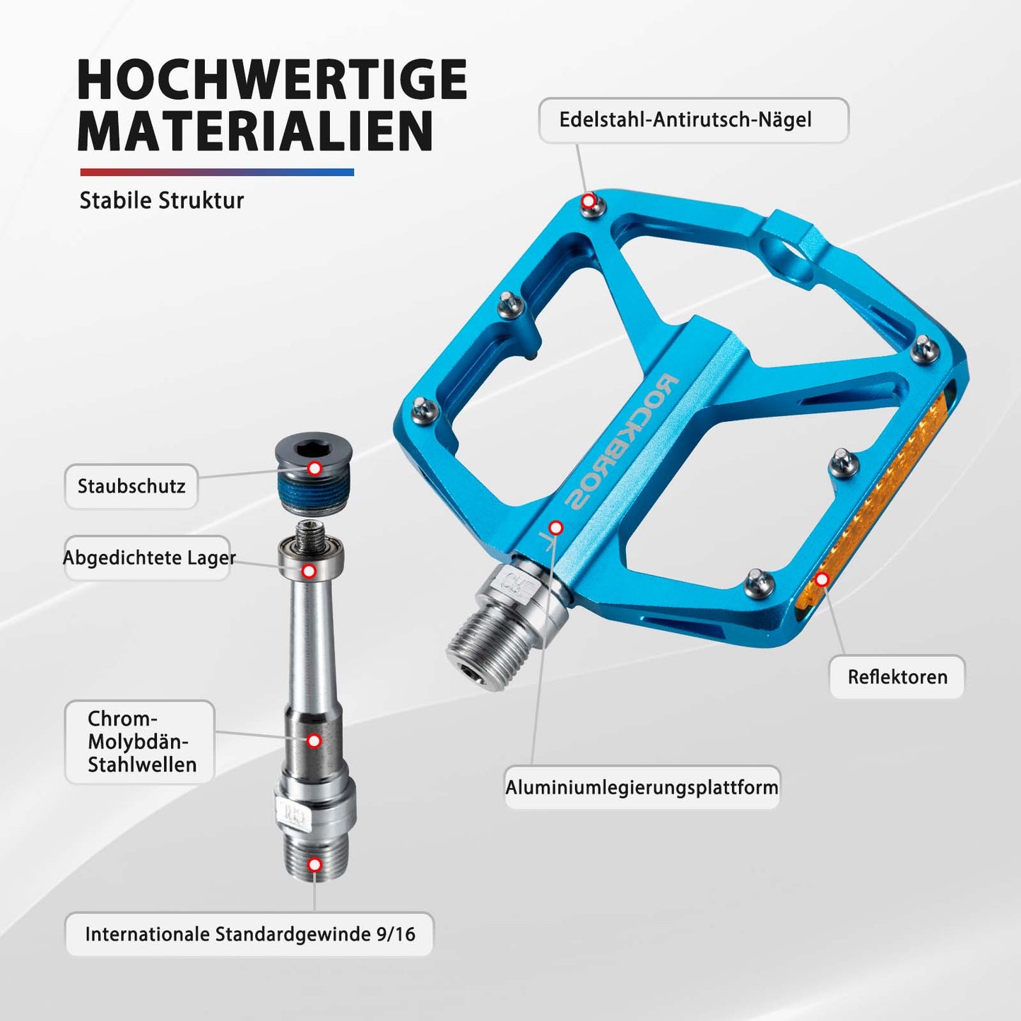 Cykelpedaler med reflexer, tillverkade av aluminiumlegering, 9/16 tum, ROCKBROS