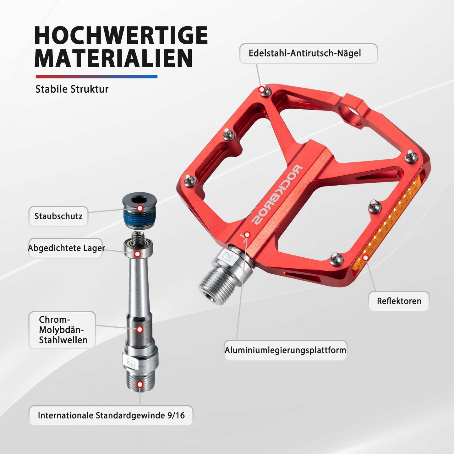 Cykelpedaler med reflexer, tillverkade av aluminiumlegering, 9/16 tum, ROCKBROS