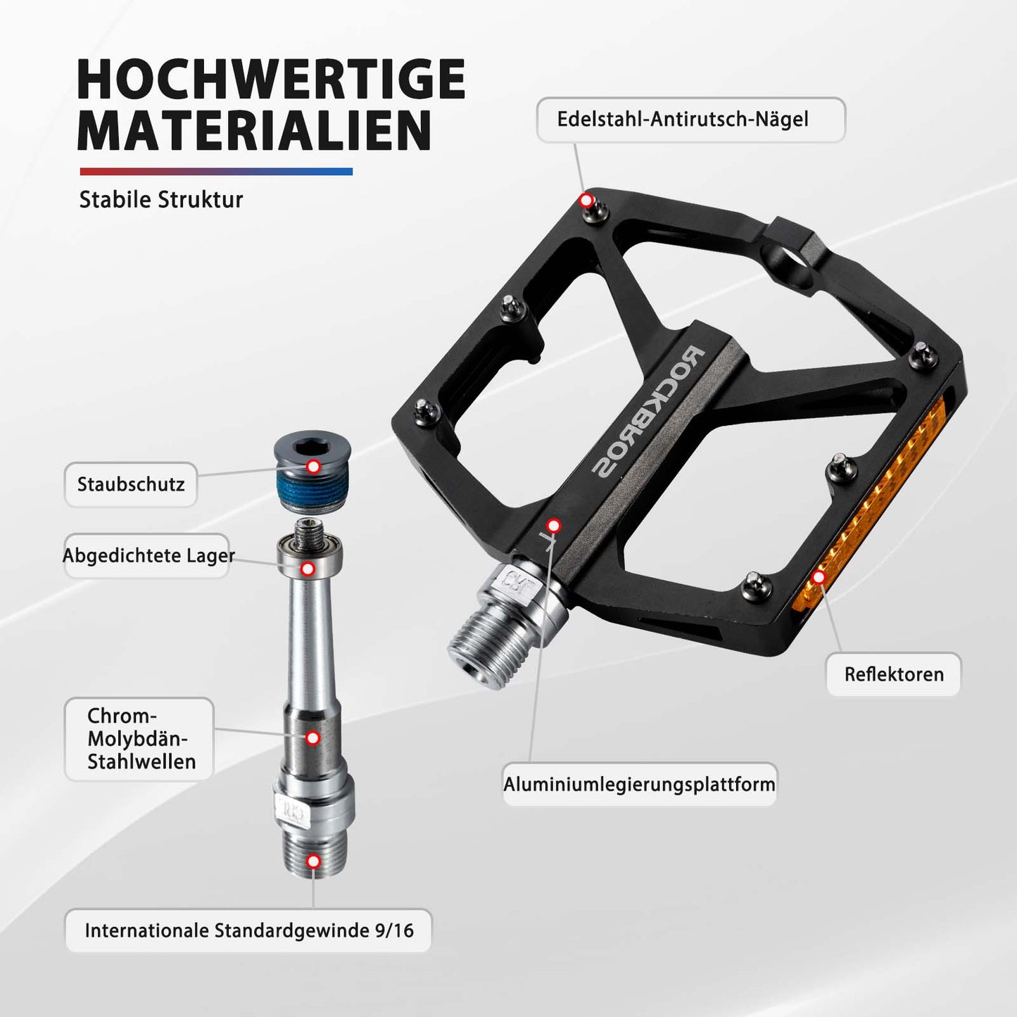 Cykelpedaler med reflexer, tillverkade av aluminiumlegering, 9/16 tum, ROCKBROS