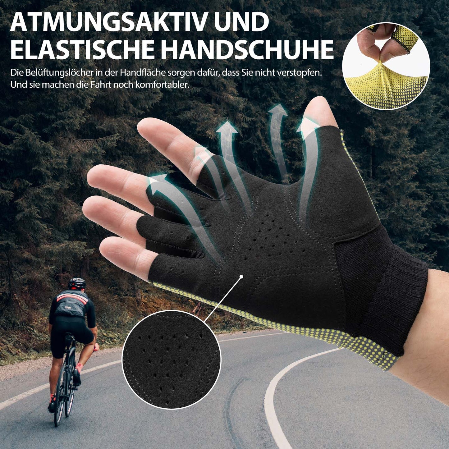 Halvfingercykelhandskar, halkfria, elastiska, unisex, gula, storlekar M-XXL, ROCKBROS
