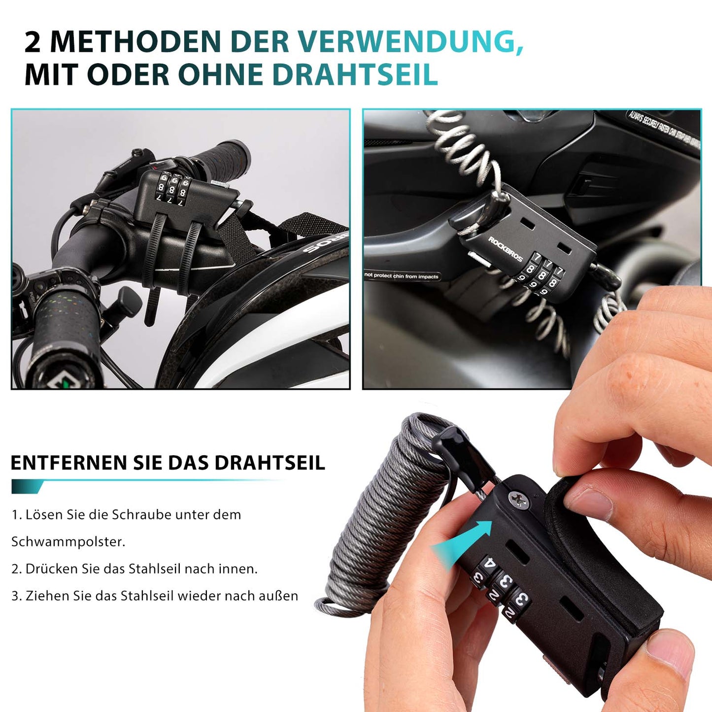 Hjälmlås 150 cm 3-siffrigt kombinationslås ROCKBROS