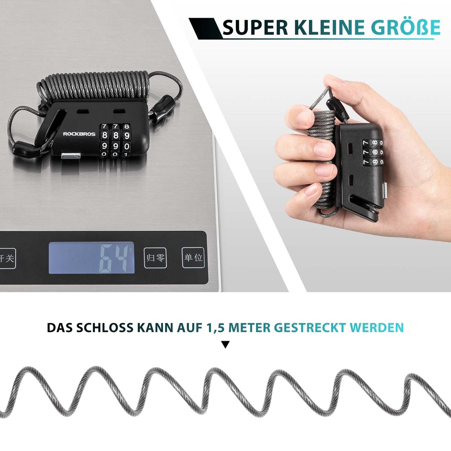Hjälmlås 150 cm 3-siffrigt kombinationslås ROCKBROS