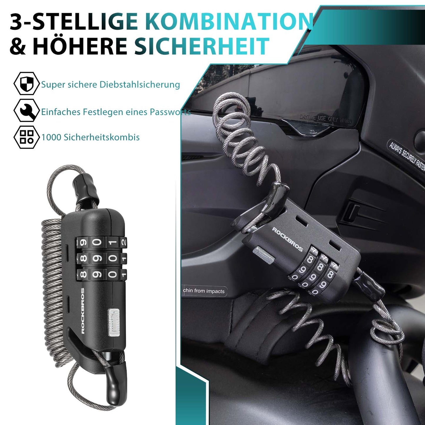 Hjälmlås 150 cm 3-siffrigt kombinationslås ROCKBROS