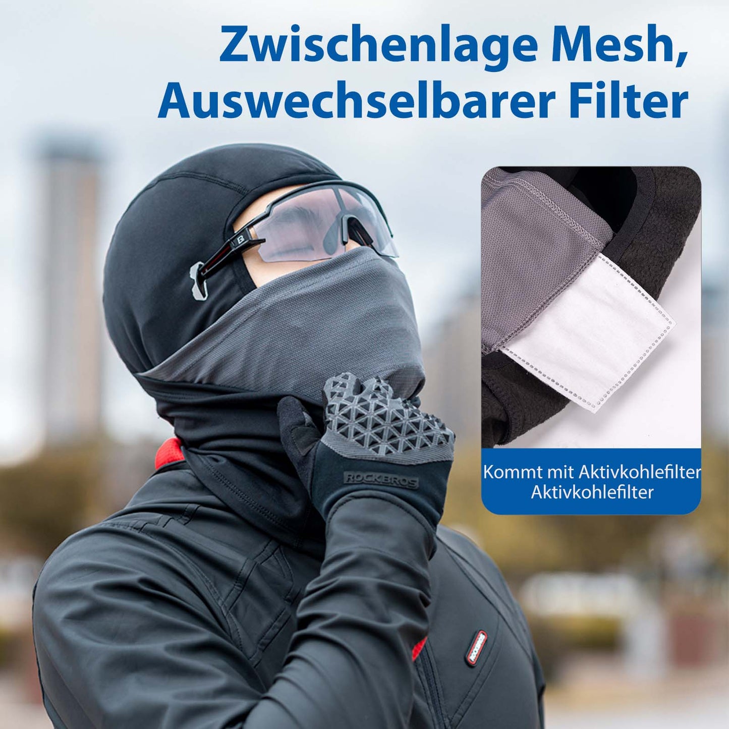 Balaklava, vindtät underhjälmkeps av varm fleece, svart, ROCKBROS